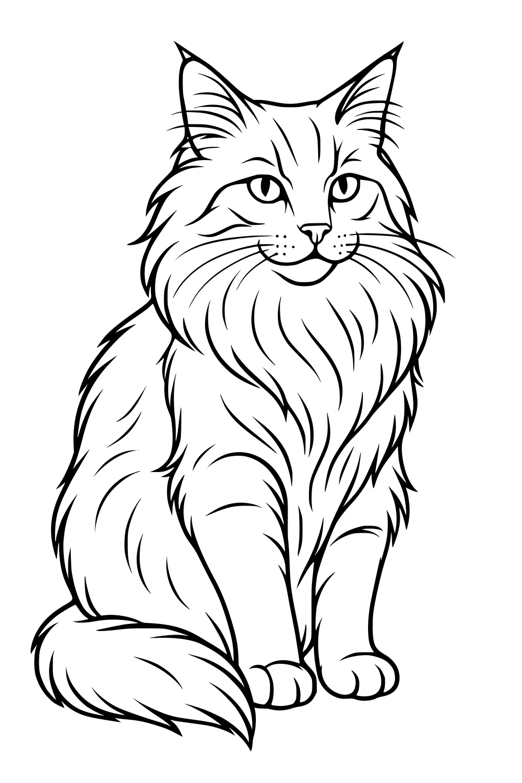 Hand-drawn domestic cat with long fur sitting upright, bushy tail curled, and pointed ears, looking directly ahead.