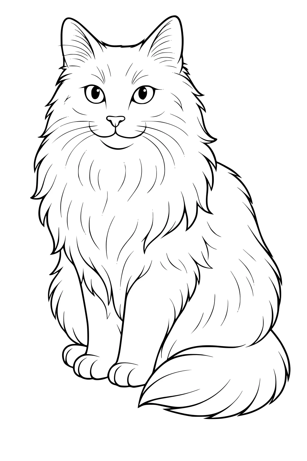 Line drawing of a fluffy domestic cat sitting with its bushy tail wrapped around its feet.
