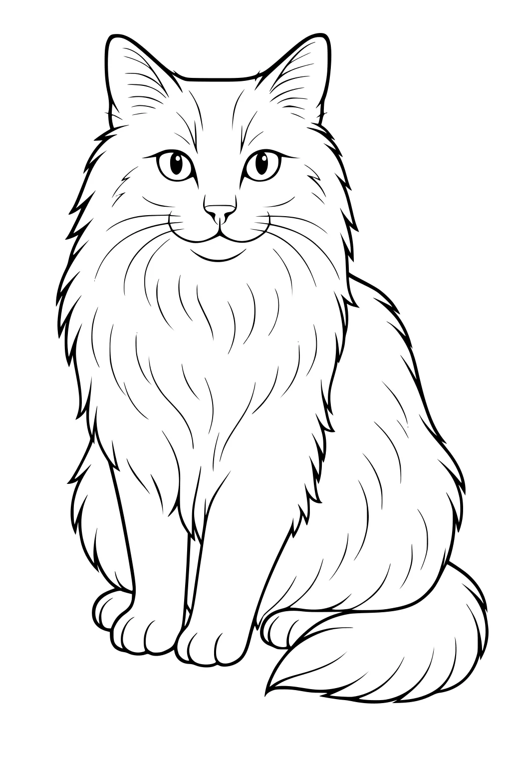 Long-haired cat sitting upright with paws together, fluffy tail, and wide eyes, outlined for coloring.