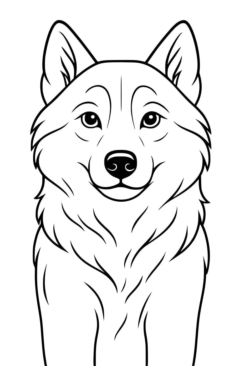 Simple drawing of a fluffy dog facing forward with upright ears and a gentle expression.