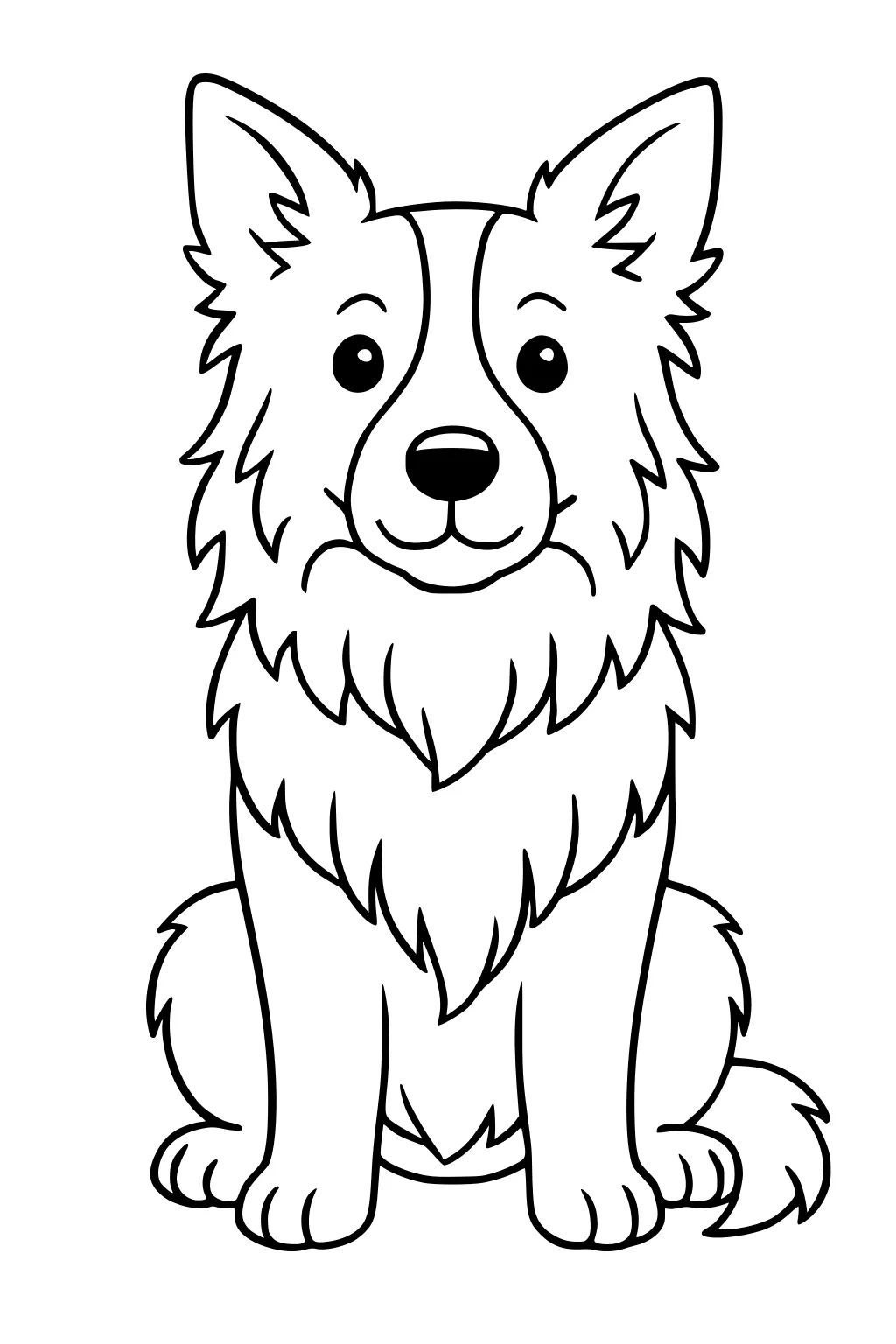 Line drawing of a fluffy dog sitting, forward facing, with large ears, round eyes, and a bushy tail.