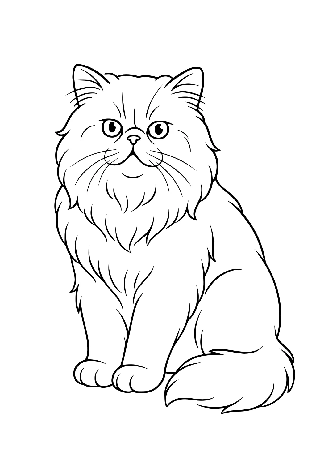 Long-haired fluffy cat sitting upright with bushy tail and large round eyes, looking forward.
