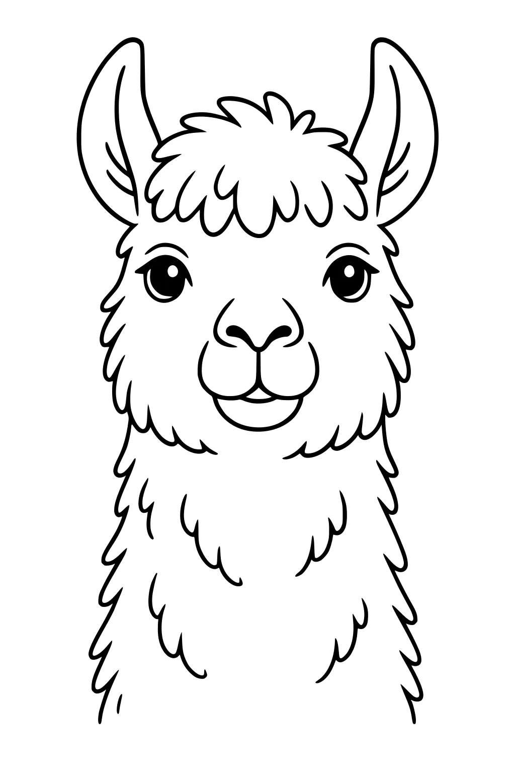Front-facing llama with fluffy fur, round eyes, and big ears sketched in bold outlines.