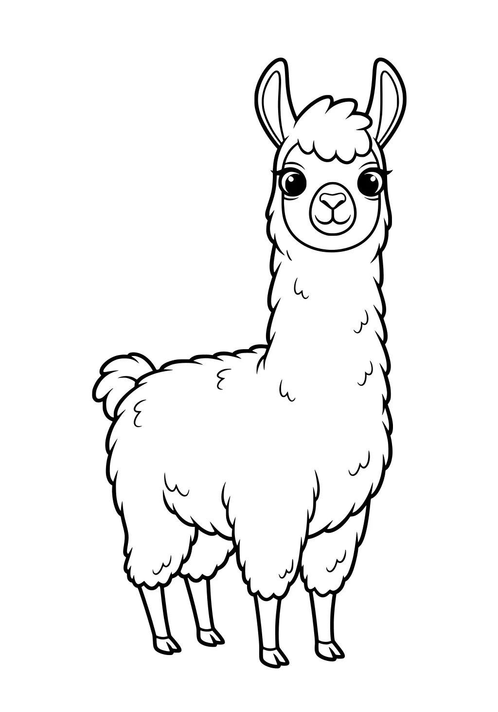 Cartoon llama with large ears and curly fur standing on all four legs, looking forward.