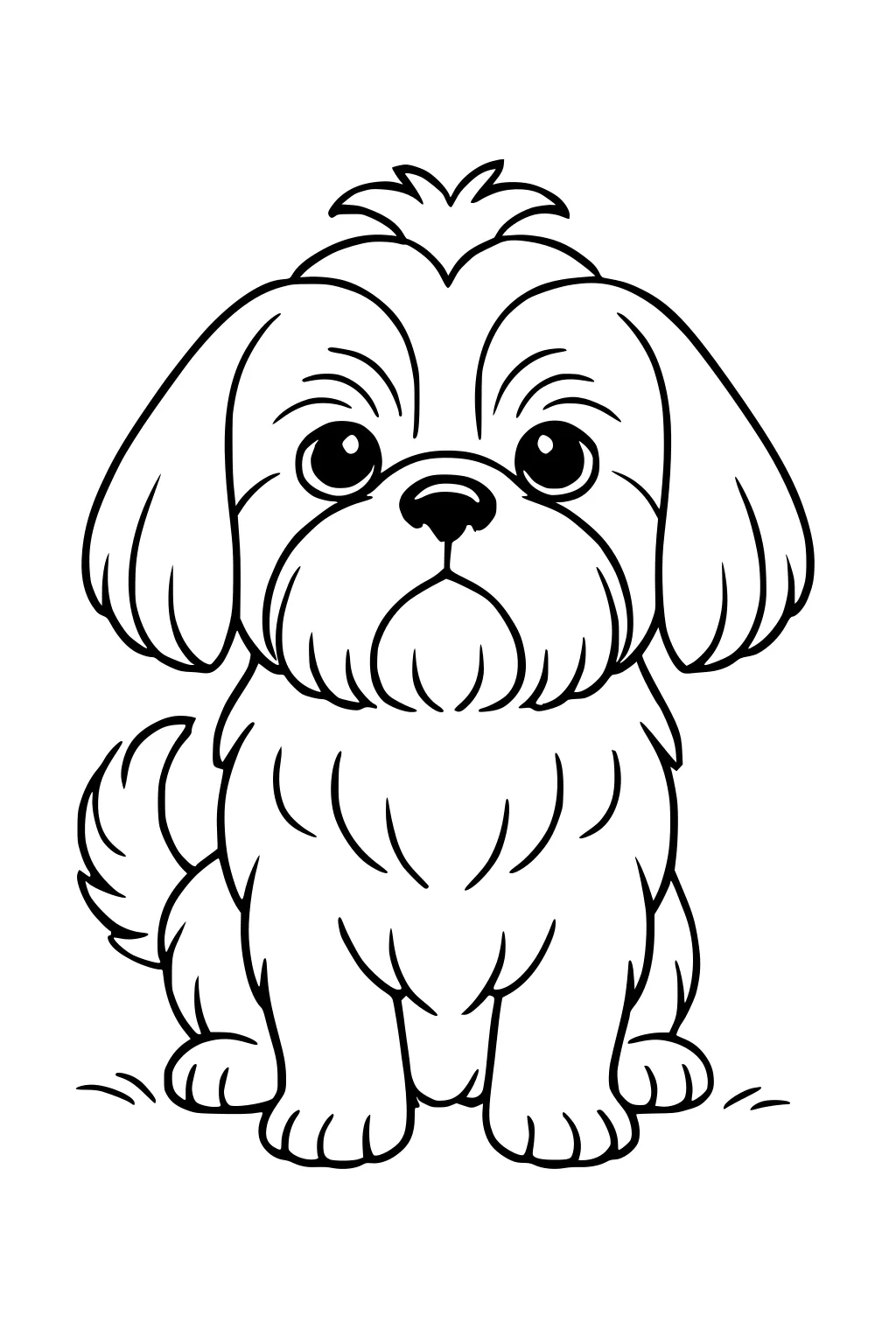 Cartoon dog with floppy ears and big eyes sits facing forward on a blank background.