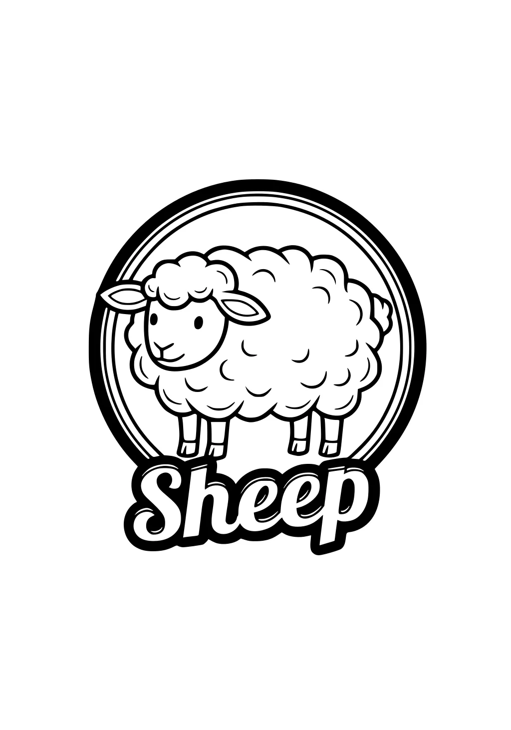 Simple sheep with curly wool inside a double circle, standing above bold bubble letters that spell Sheep.