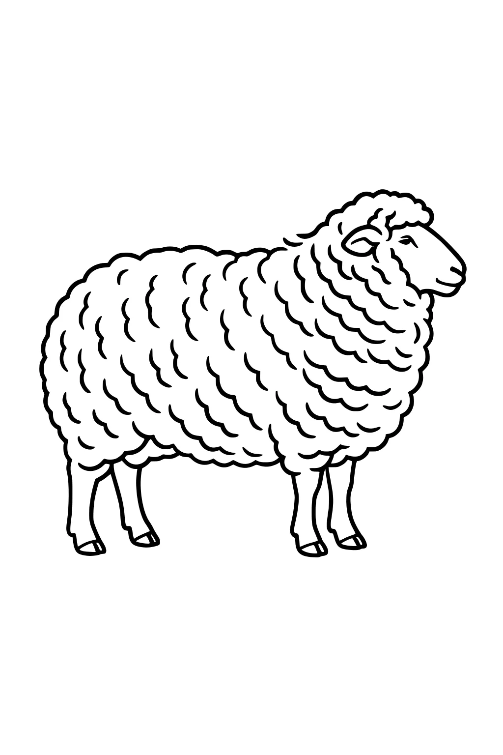 Line drawing of a sheep with thick wool, standing and facing right, showing all four legs.