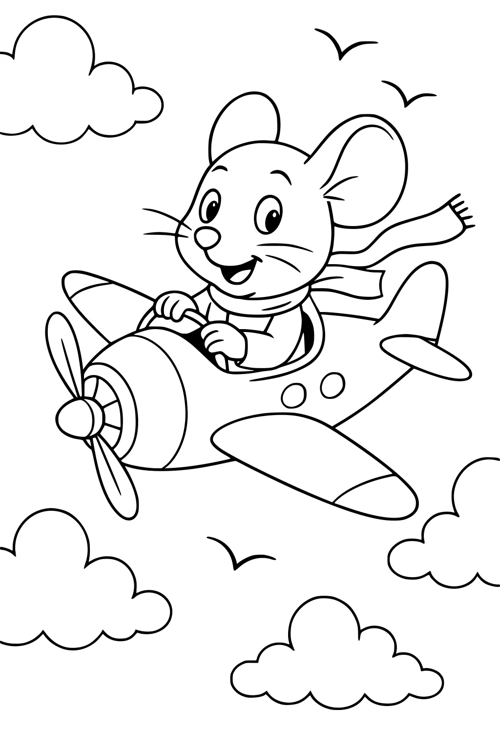 Mouse flying a propeller plane through clouds with birds in the sky and a scarf blowing behind him.