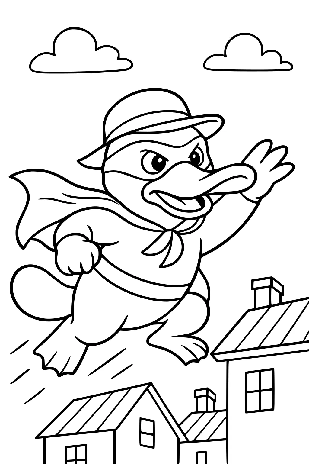 Superhero platypus with a cape flying over rooftops. He wears a hat and has a determined face, with two clouds in the sky.