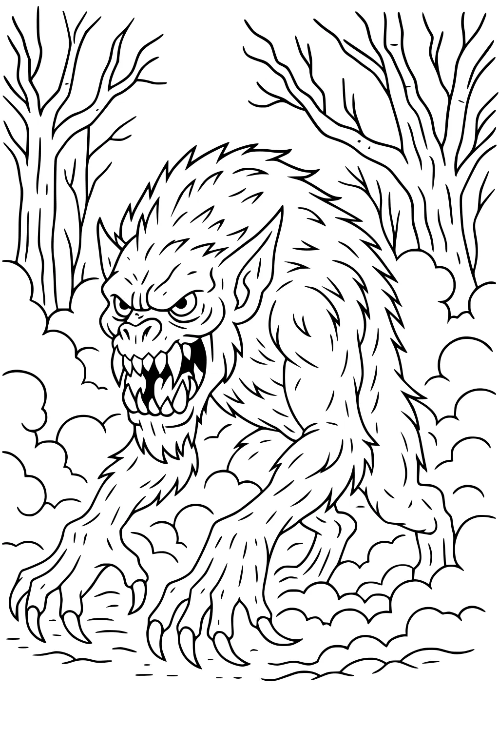 Shaggy werewolf with pointed ears and long claws prowls through fog among bare trees; black-and-white line art.
