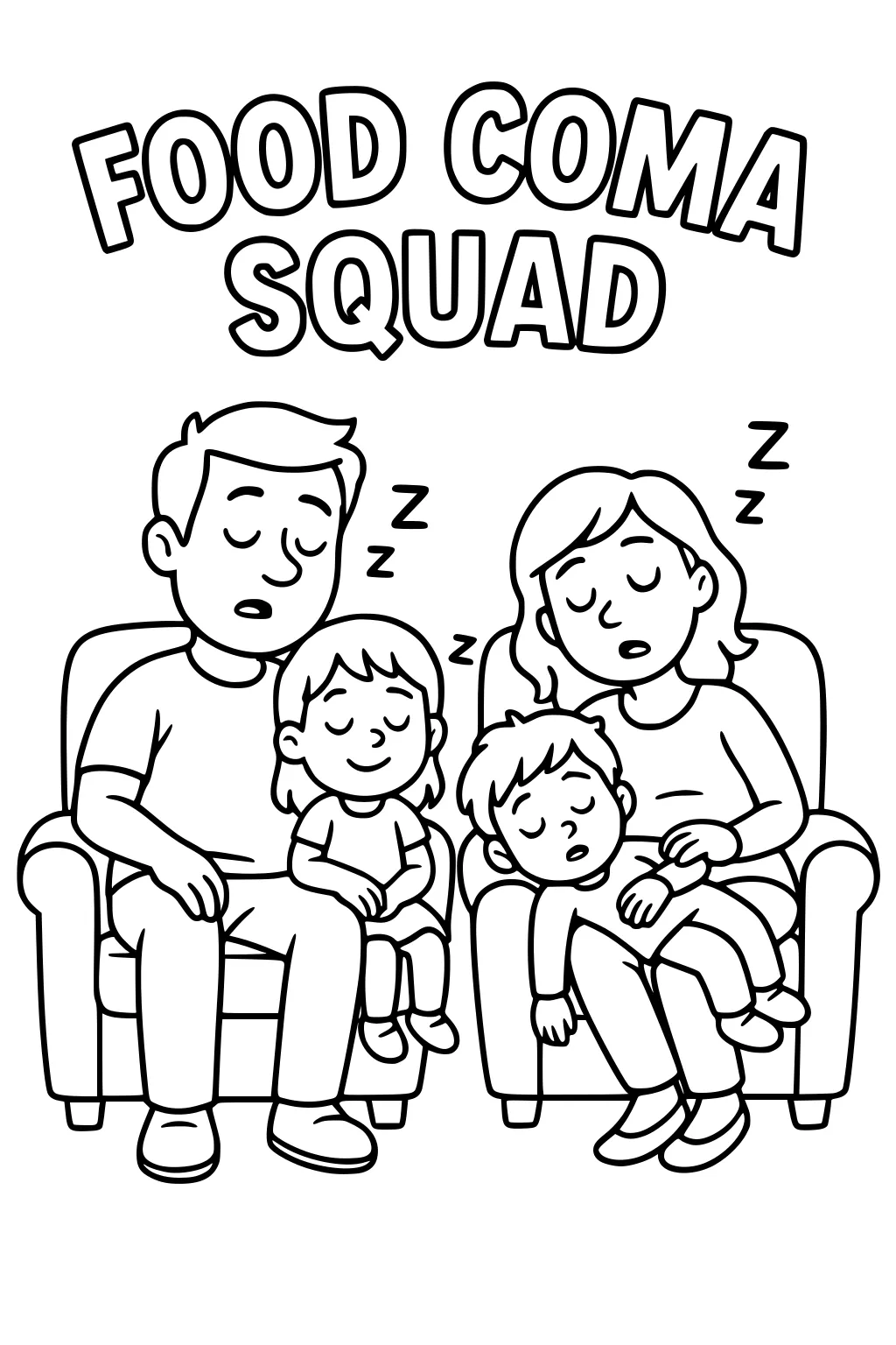 Family of four asleep on two armchairs; FOOD COMA SQUAD above, Zs floating; dad with girl left, mom with boy right.