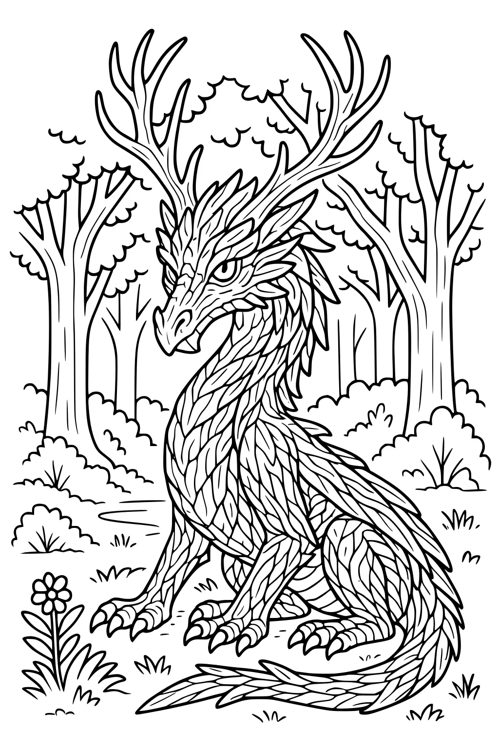 Antlered dragon with leaf-like scales sits in a forest clearing among trees, bushes, grass, and a small flower.