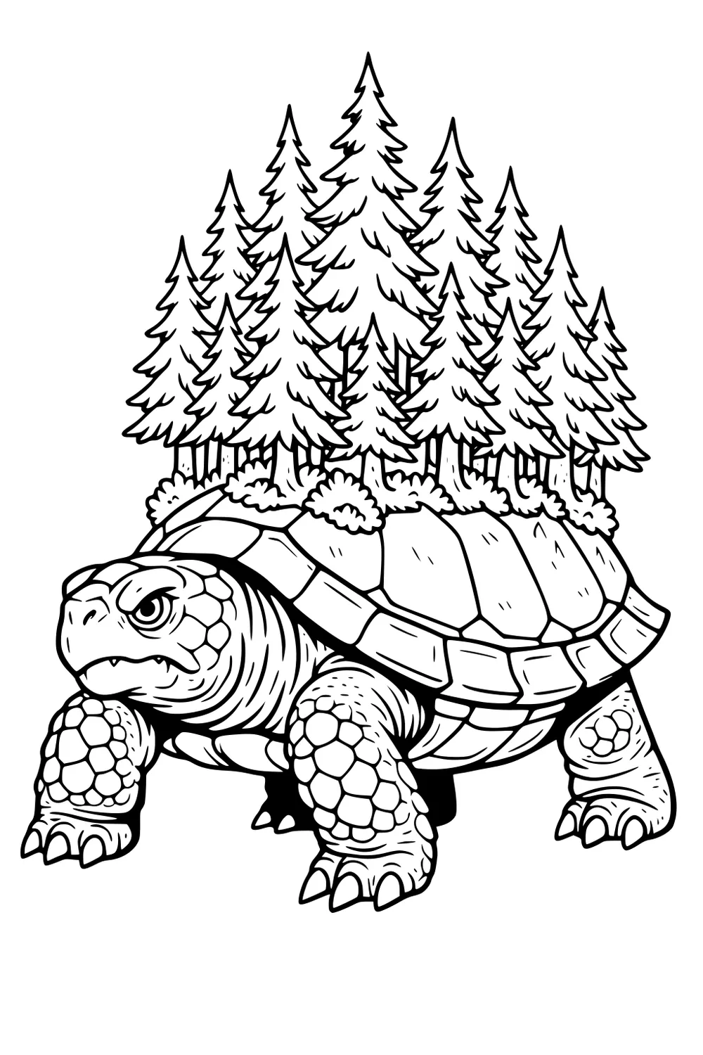 Giant tortoise with pine trees growing on its shell, scaly legs, and a focused face in bold outline.