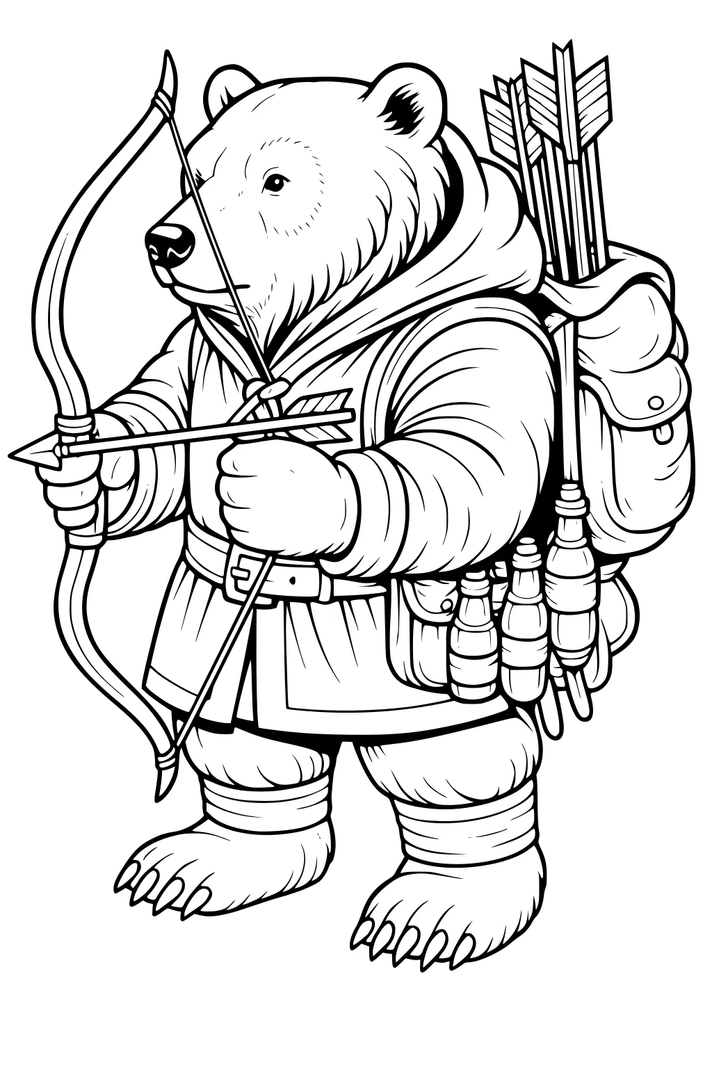 Bear wearing a cloak and backpack, holding a bow and arrow, with a quiver of arrows strapped to his back.