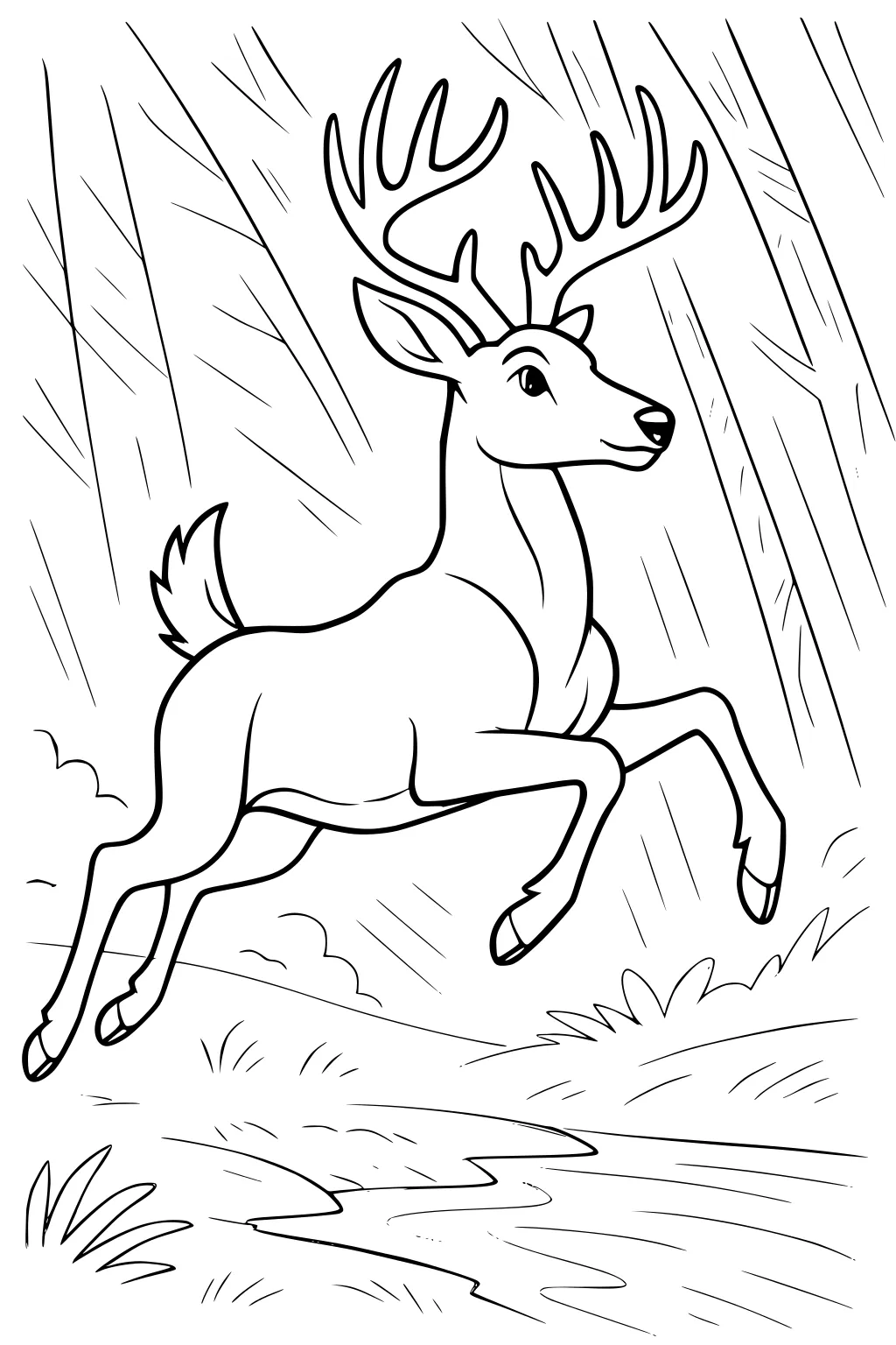 Deer with antlers leaping over a stream surrounded by trees, bushes, and grass.