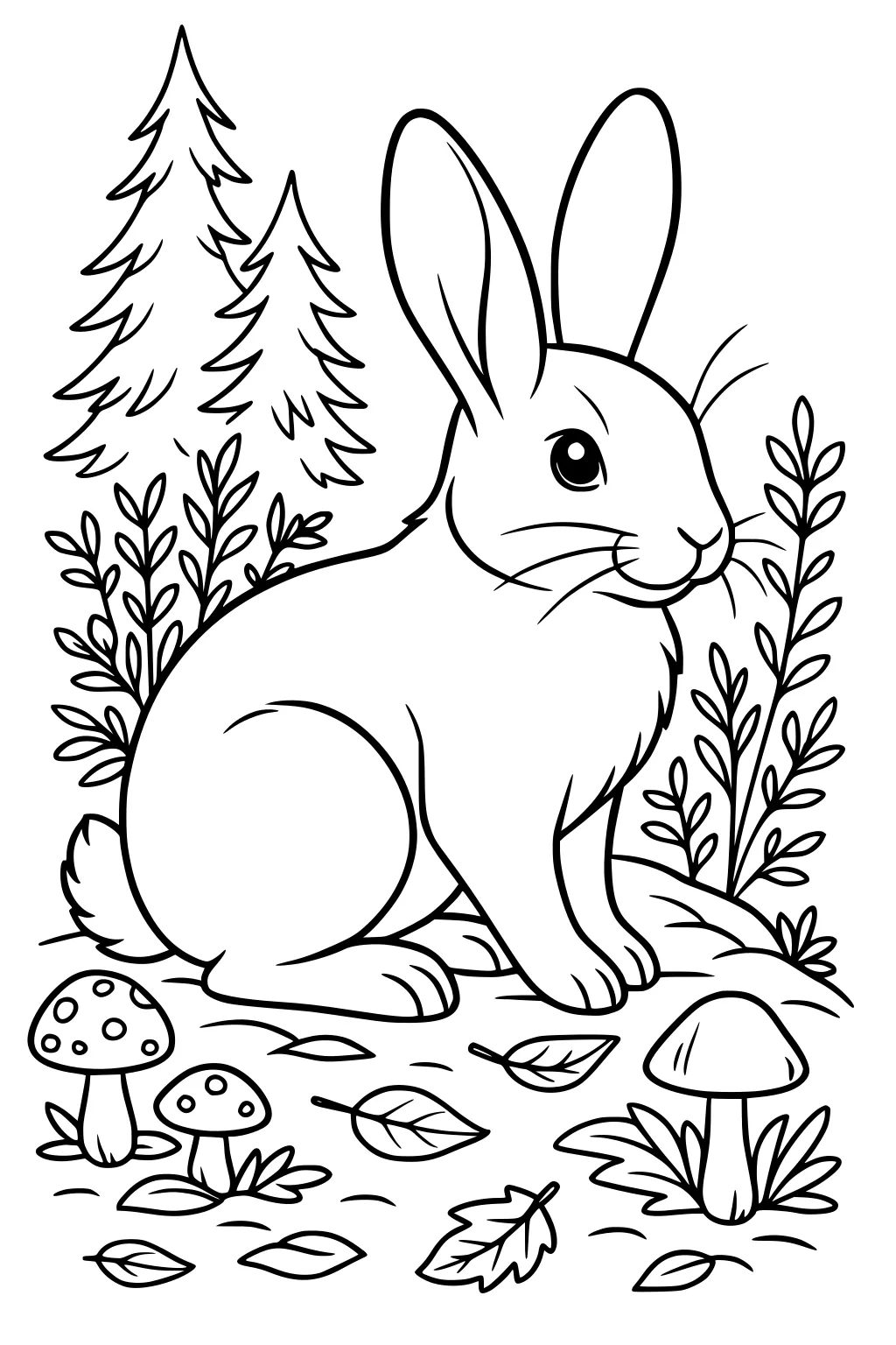 Rabbit sitting in a forest clearing with mushrooms, scattered leaves, and two pine trees in the background.
