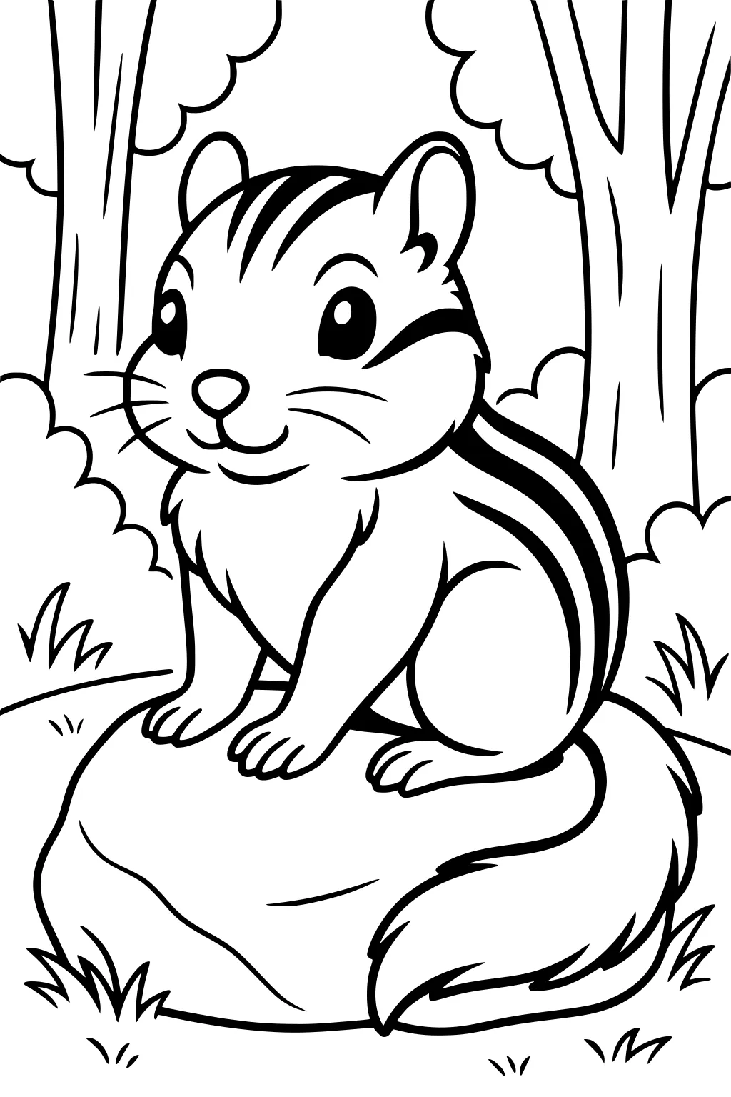 Chipmunk with striped back sitting on a large rock in a forest with trees, grass, and bushes.