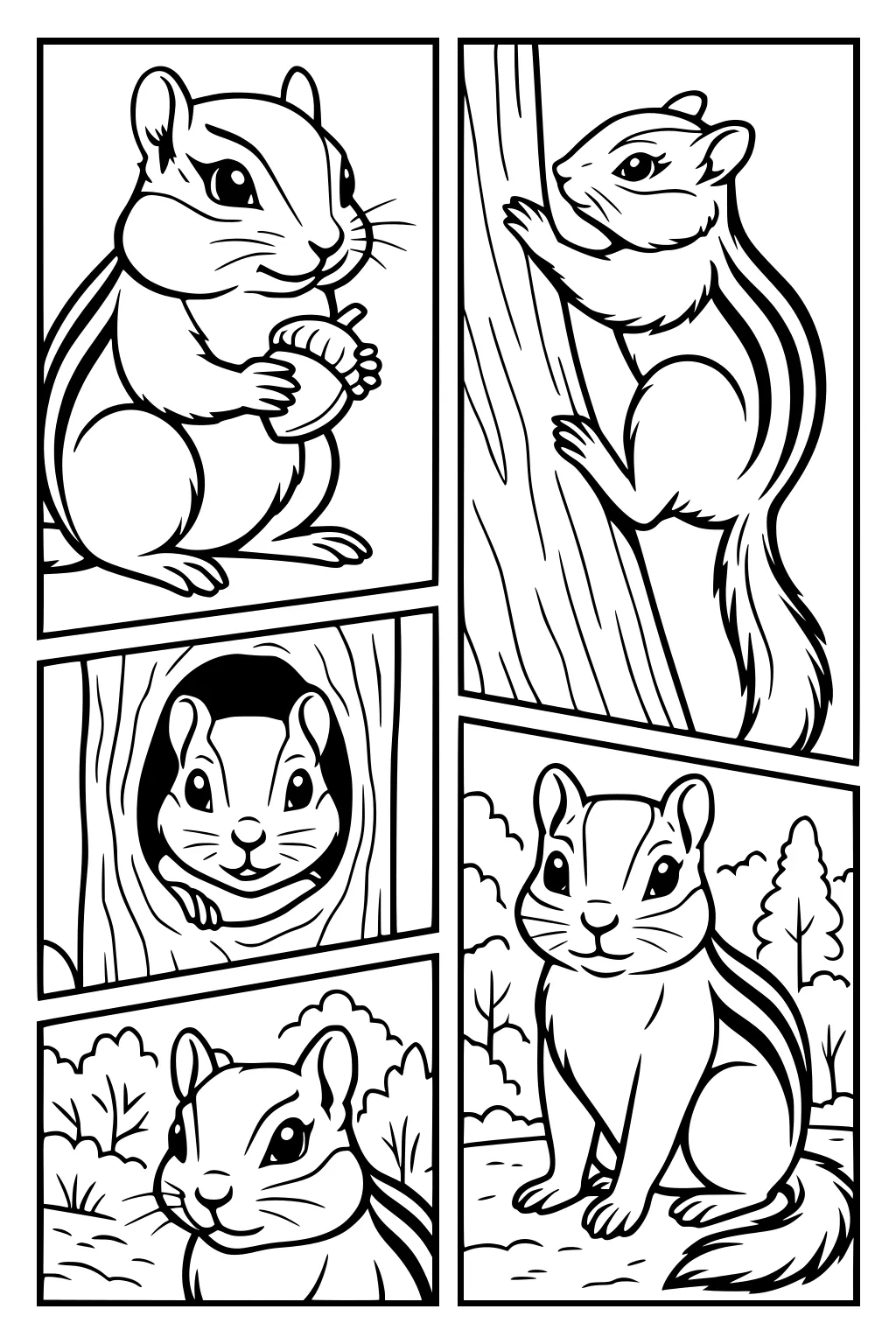 Five panel scene of a chipmunk holding an acorn, climbing, peeking from a tree hole, and sitting in a grassy forest.