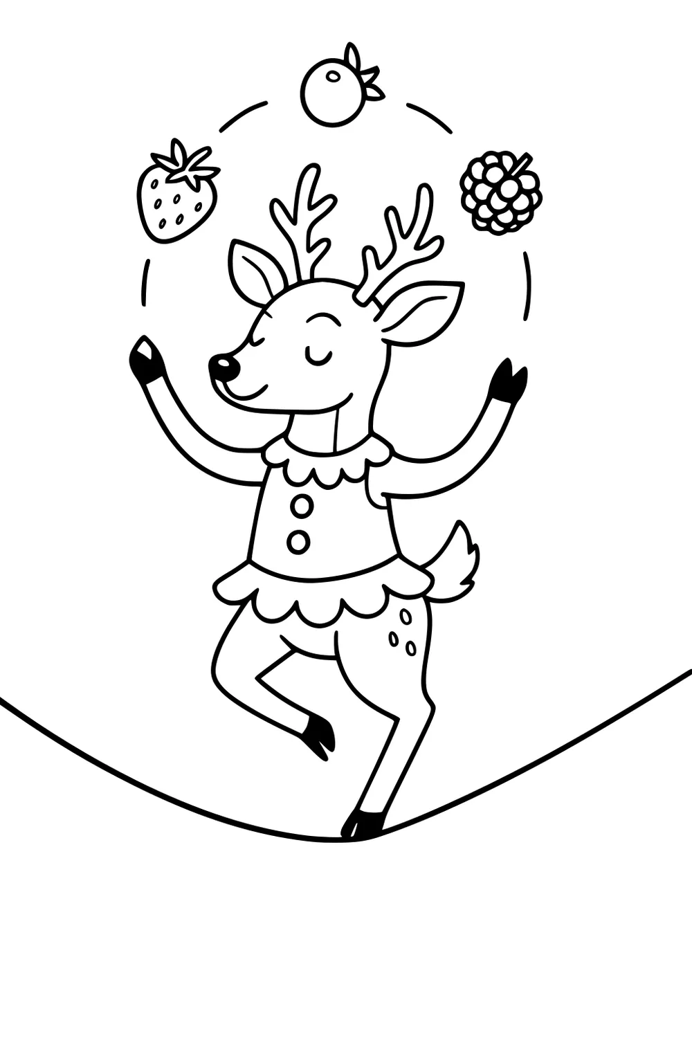 Deer in a dress juggling a strawberry, round berry, and pinecone while standing on one leg.