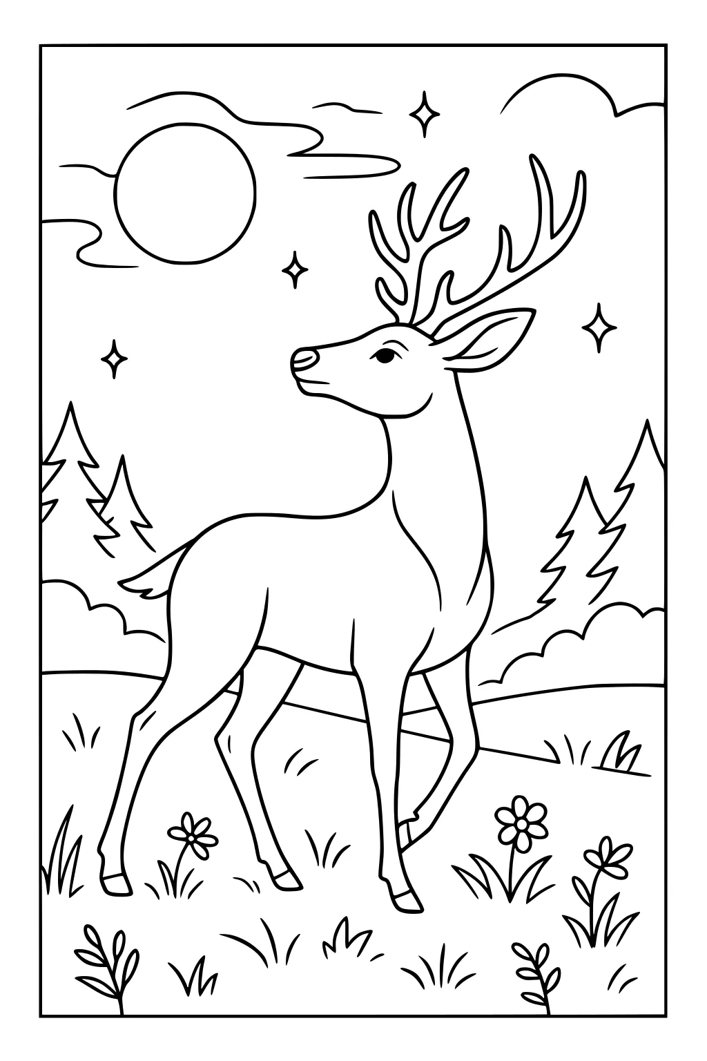 Deer with antlers standing in grass, surrounded by flowers, pine trees, sun, clouds, and stars in the sky.