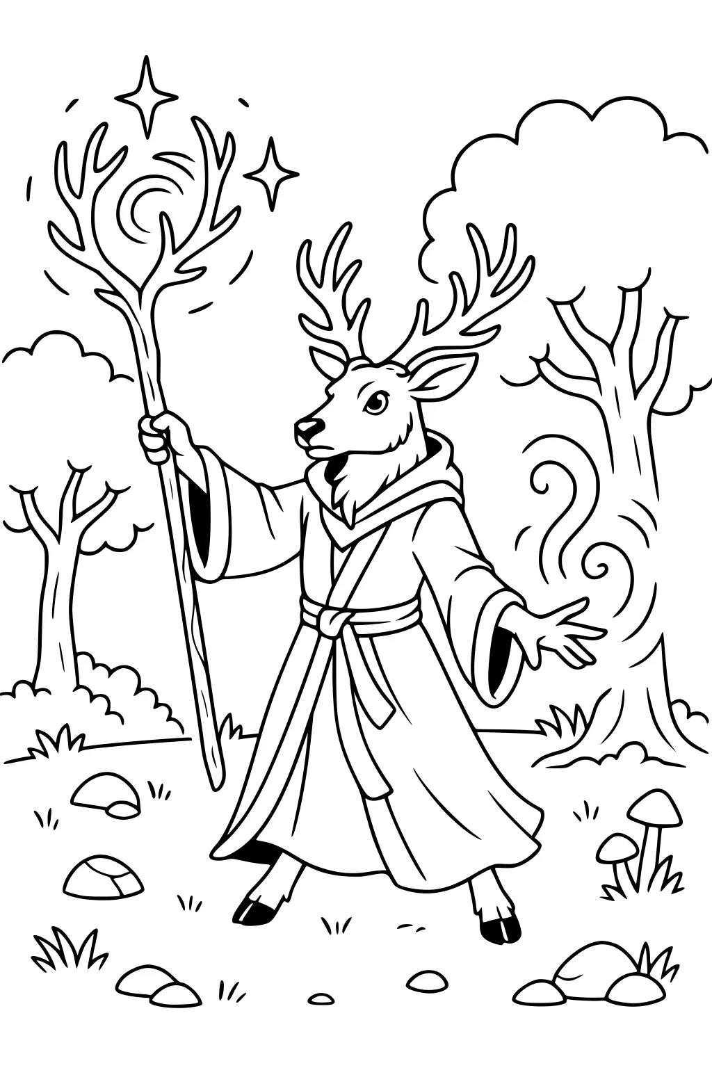 Deer in robe holding antler staff, casting magic in a forest with trees, mushrooms, and rocks around.