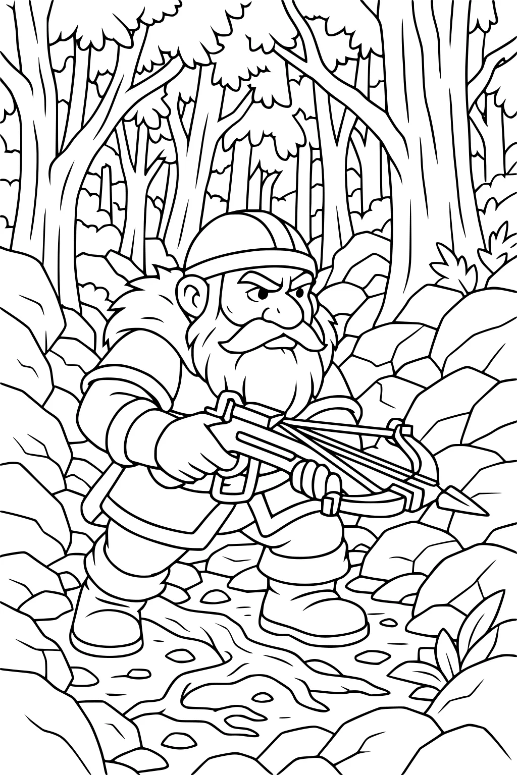 Bearded dwarf in helmet carries a crossbow on a rocky forest path with tall trees, stones, and a small winding stream.