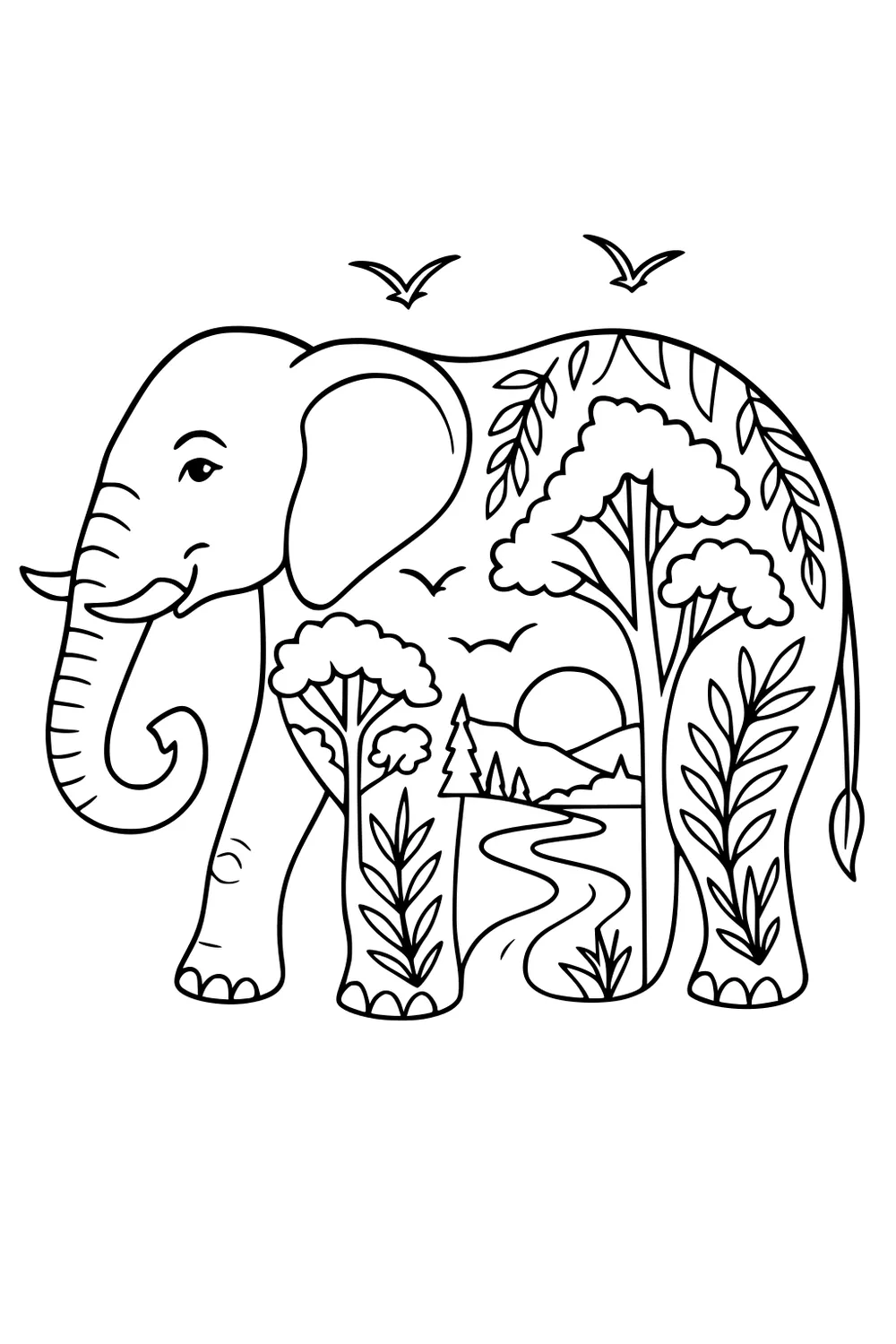 Elephant with a river, trees, and birds drawn inside its body, surrounded by leaves and plants.