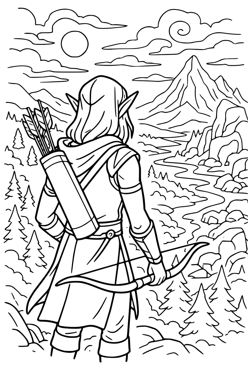 Elf boy archer on a cliff, back view, with bow and quiver, overlooking pine forest, winding river, mountains, sun, and clouds.