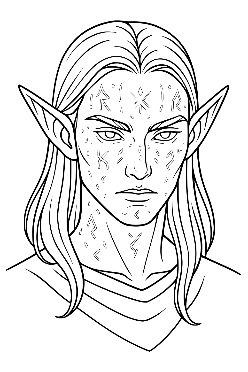 Line art portrait of a long-haired elf boy with pointed ears and rune marks on face and neck, wearing a simple tunic.