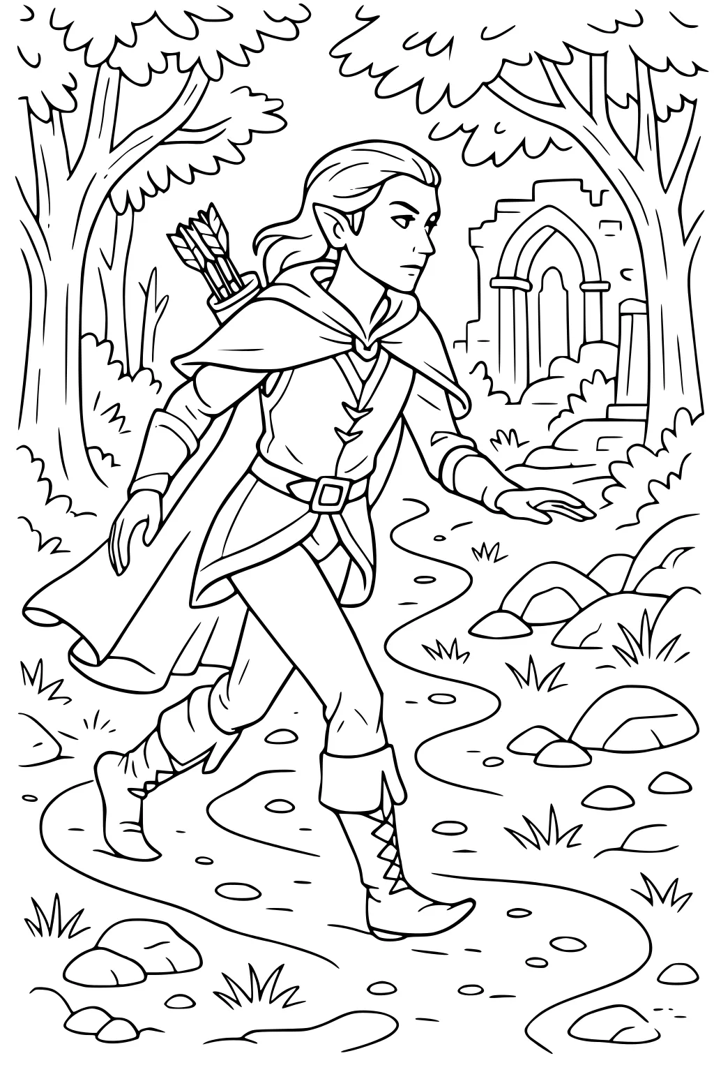 Boy elf with cape and quiver walks a winding forest path past rocks and trees toward a stone arch ruin.