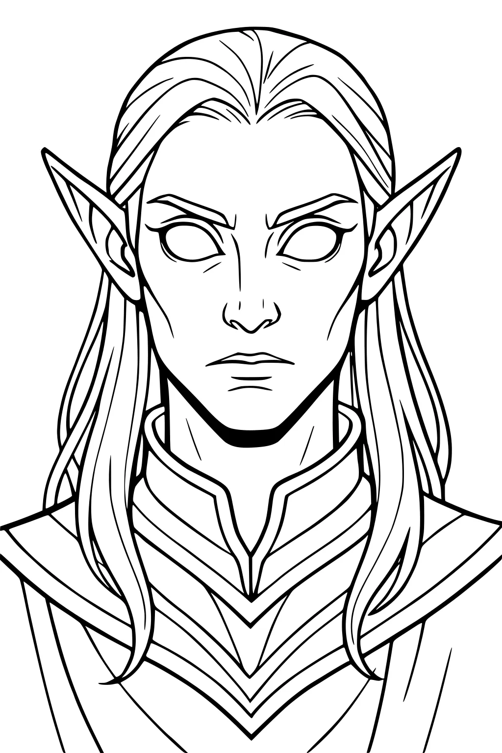 Line art portrait of a serious elf boy with long hair, tall pointed ears, and a layered armor collar; blank eyes ready for coloring.