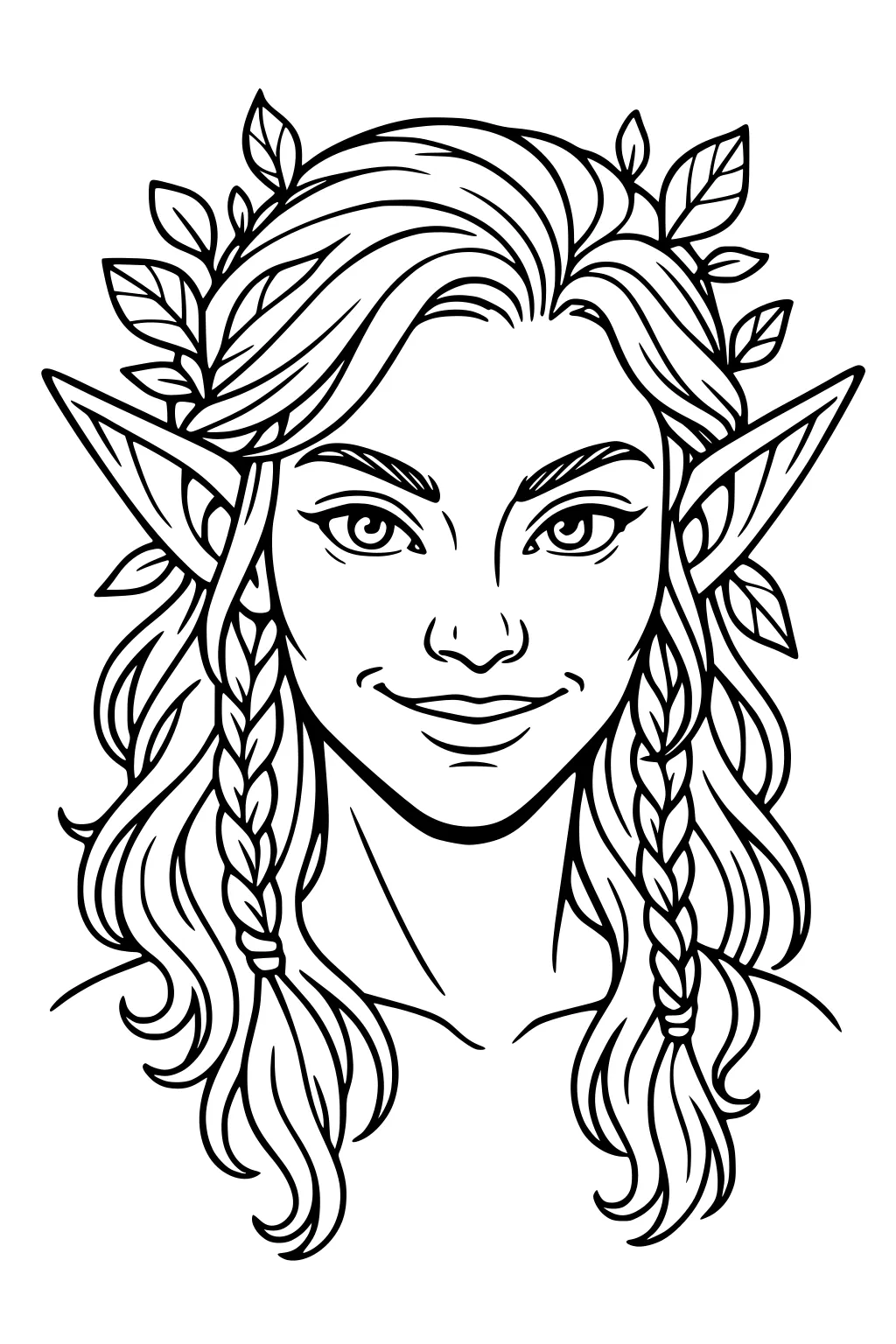 Smiling elf girl portrait with long wavy hair, two braids, pointed ears, and leaves woven into hair, outlined for coloring.