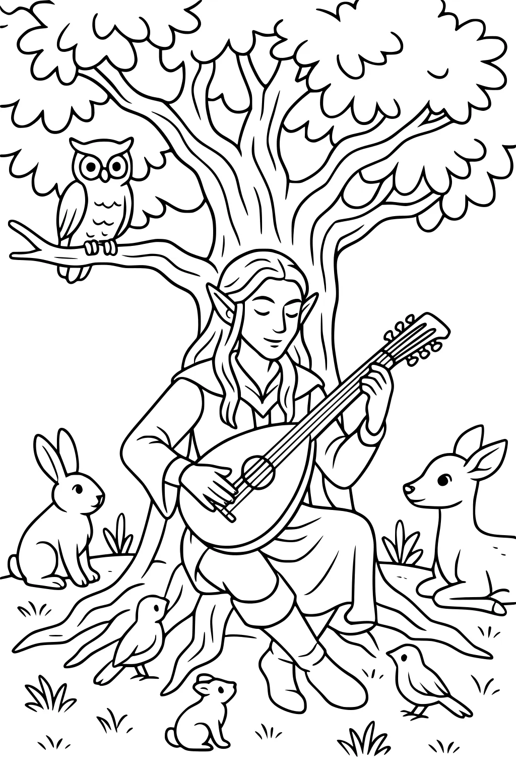 Elf boy playing a lute under a big oak, with owl on branch, rabbits, a fawn, birds, and a mouse gathered around.