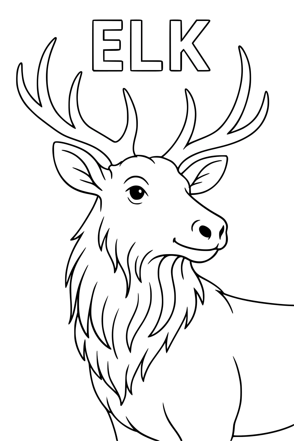 Outline drawing of an elk with big branched antlers and thick neck fur, with ELK written in block letters above.