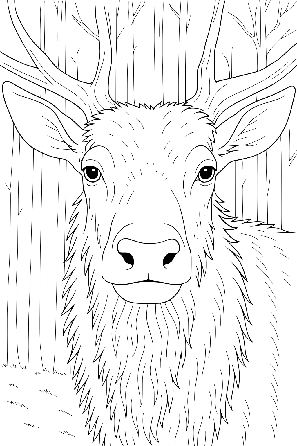 Elk with large antlers and shaggy fur in a forest with tall, thin trees and grassy ground.