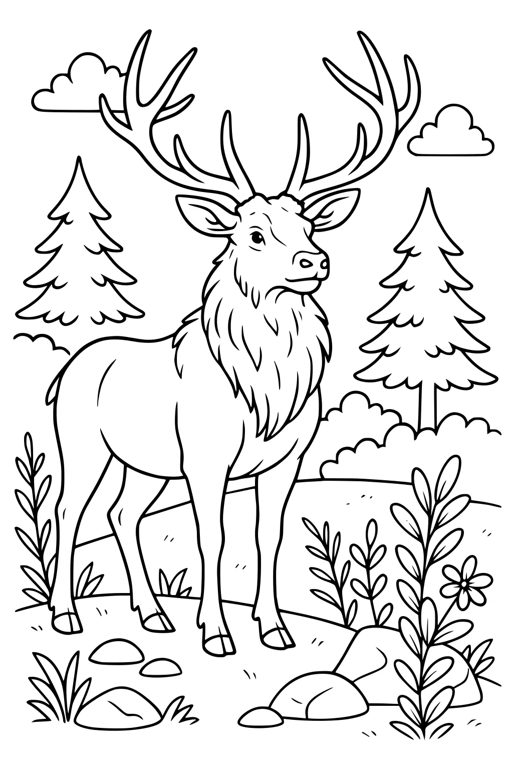 Elk with big antlers stands on a grassy patch surrounded by pine trees, rocks, bushes, and clouds in the background.