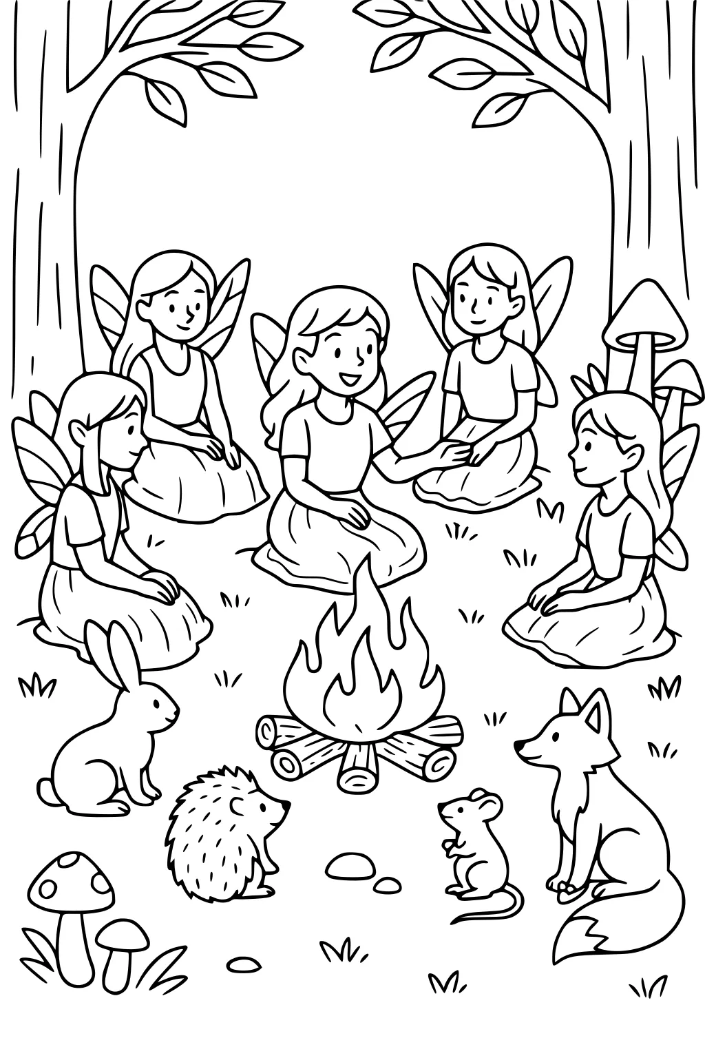 Five girl fairies sit around a campfire with rabbit, hedgehog, mouse, and fox in a forest clearing with trees and mushrooms.