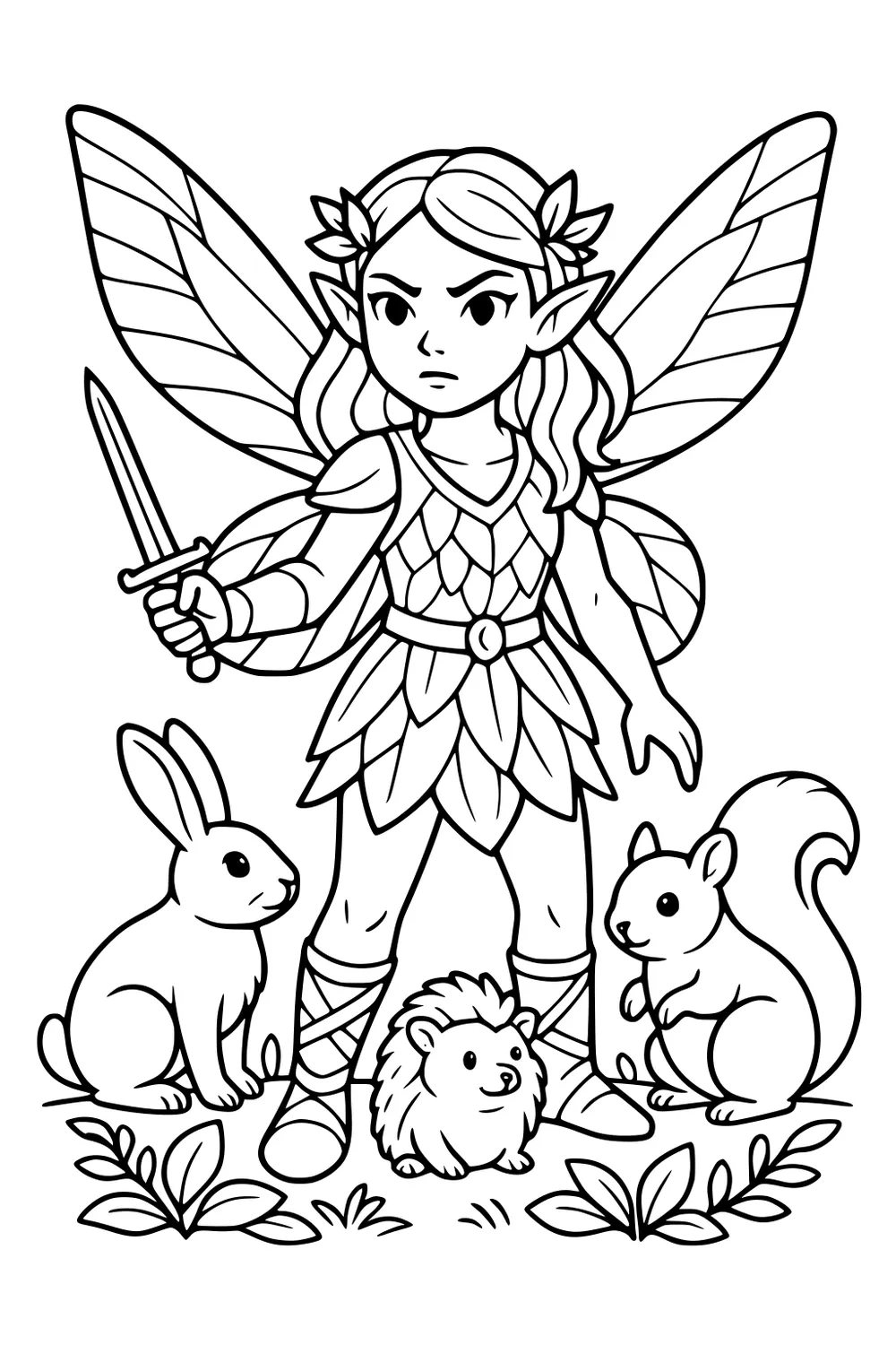 Fairy girl with leaf armor and sword stands with rabbit, hedgehog, and squirrel among leaves; large wings spread behind her.