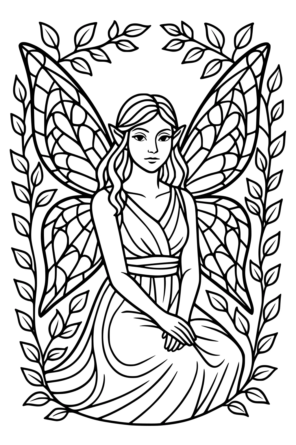 Seated fairy girl with butterfly wings, flowing dress, and pointed ears, framed by curving leafy branches in a symmetrical border.