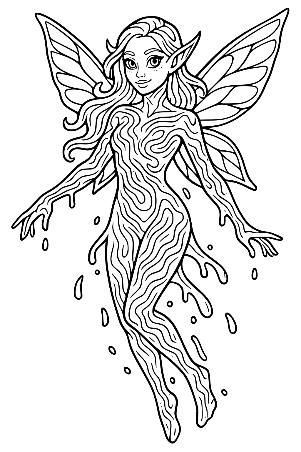 Fairy girl with leaf wings and woodgrain body, floating with arms out, long hair, pointed ears, and droplets near her.