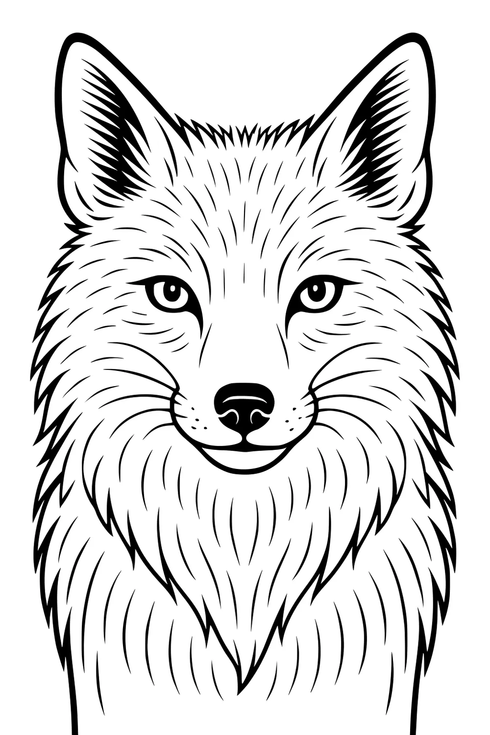 Line drawing of a fox face with big round eyes, pointed ears, and lots of shaggy fur for coloring.