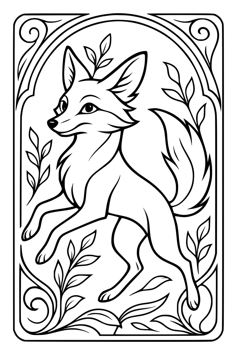 Fox with large ears and bushy tail surrounded by leaves inside a fancy bordered frame.