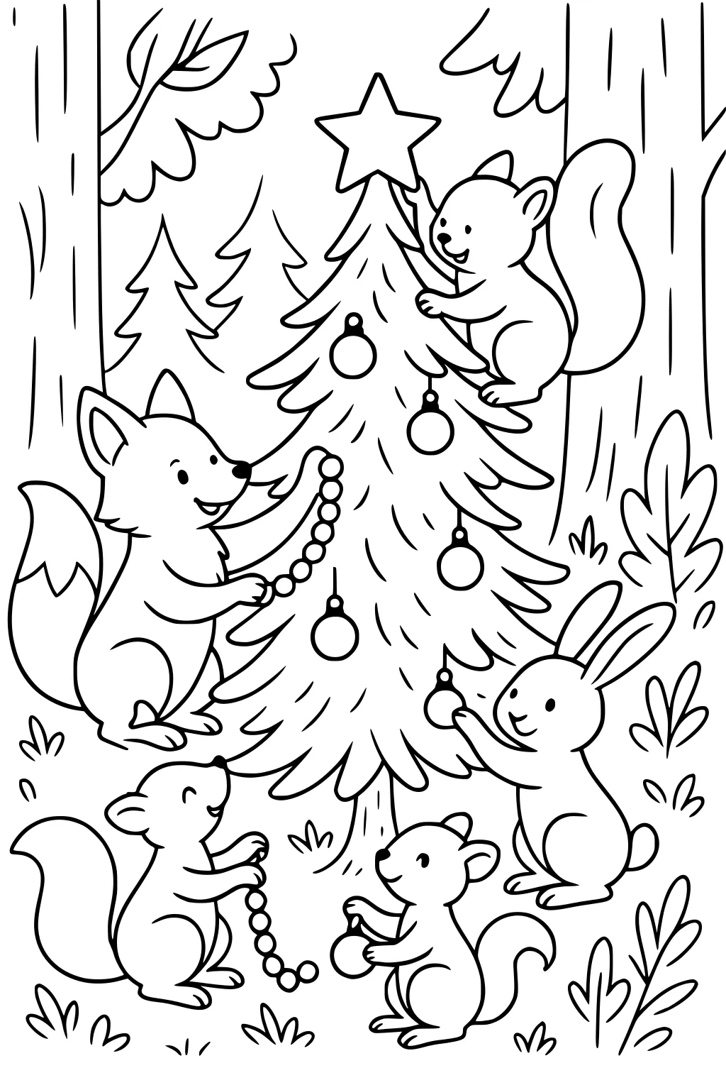 Fox, rabbit, and three squirrels decorate a forest Christmas tree with baubles, garland, and a star topper among tall pines.
