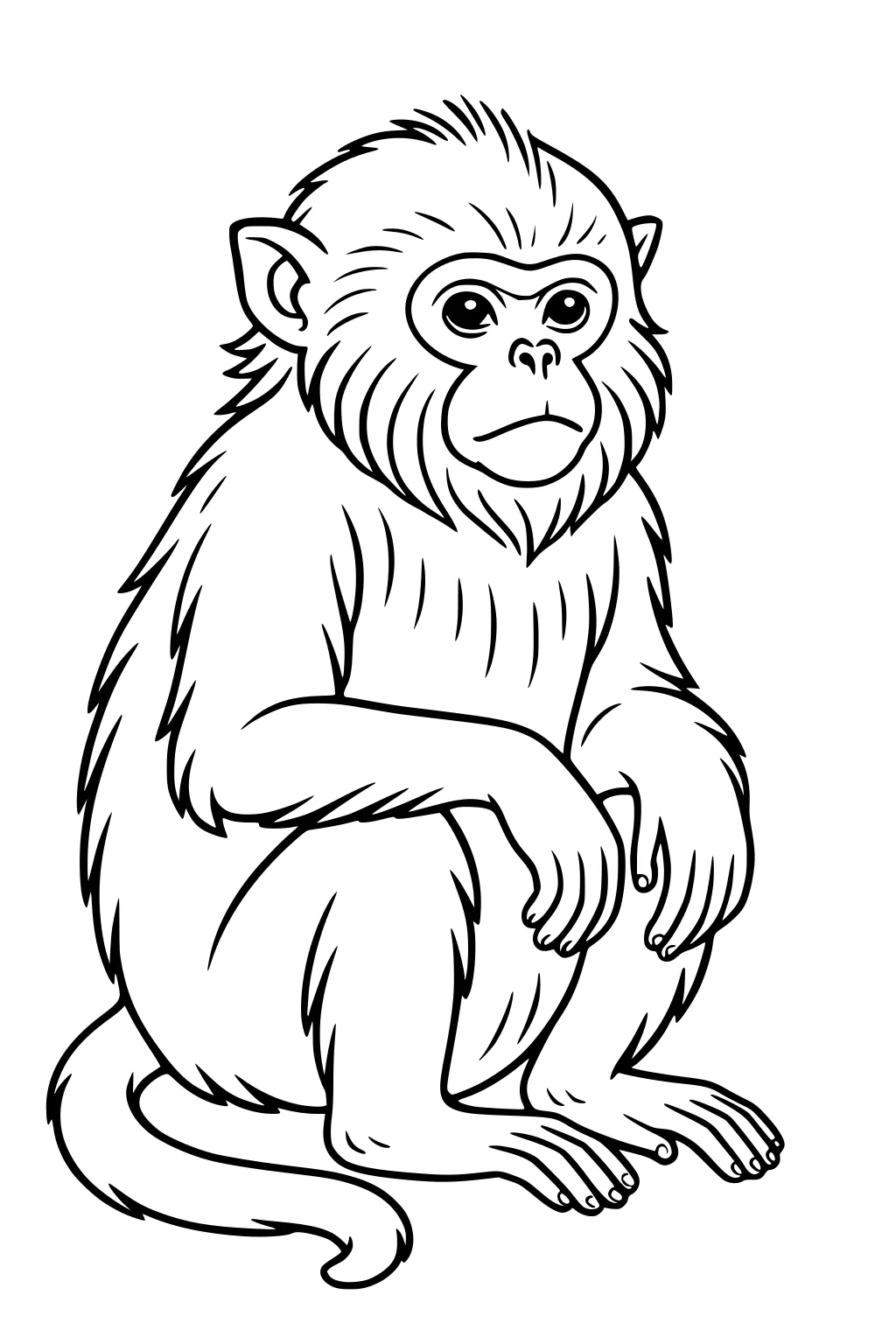 Monkey with shaggy fur sits down, tail curled, arms resting on knees, big eyes looking forward.
