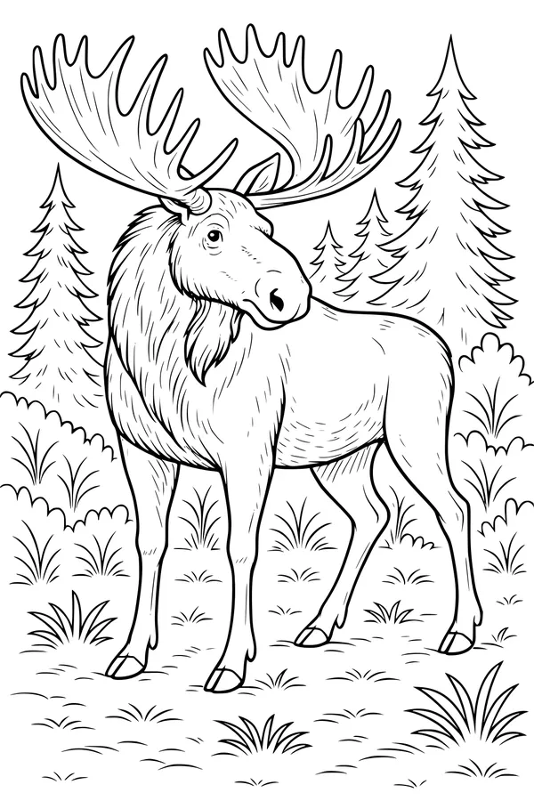 Moose Among Tall Pine Trees