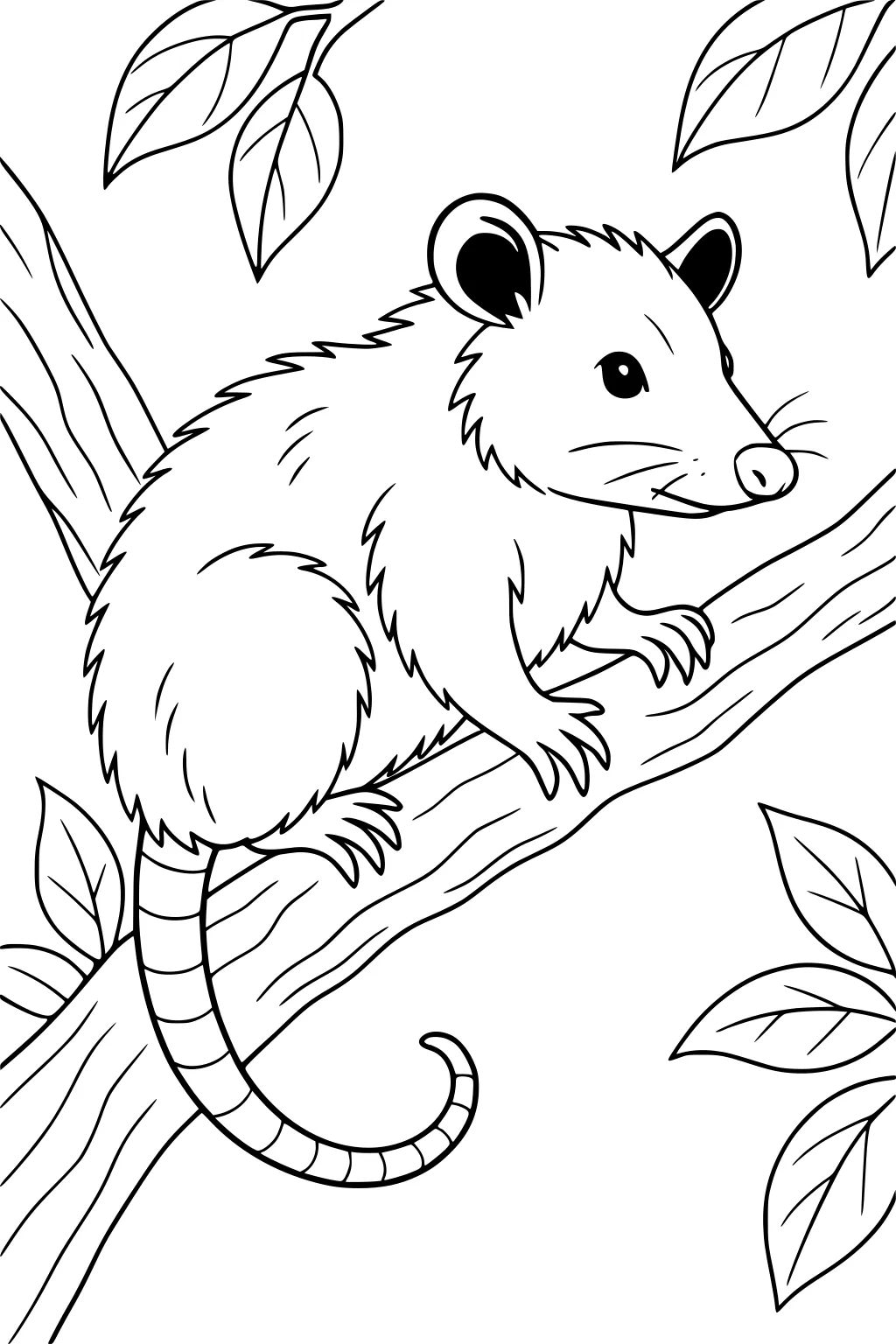 Opossum sitting on a tree branch with leaves, long striped tail, furry body, alert eyes and whiskers.