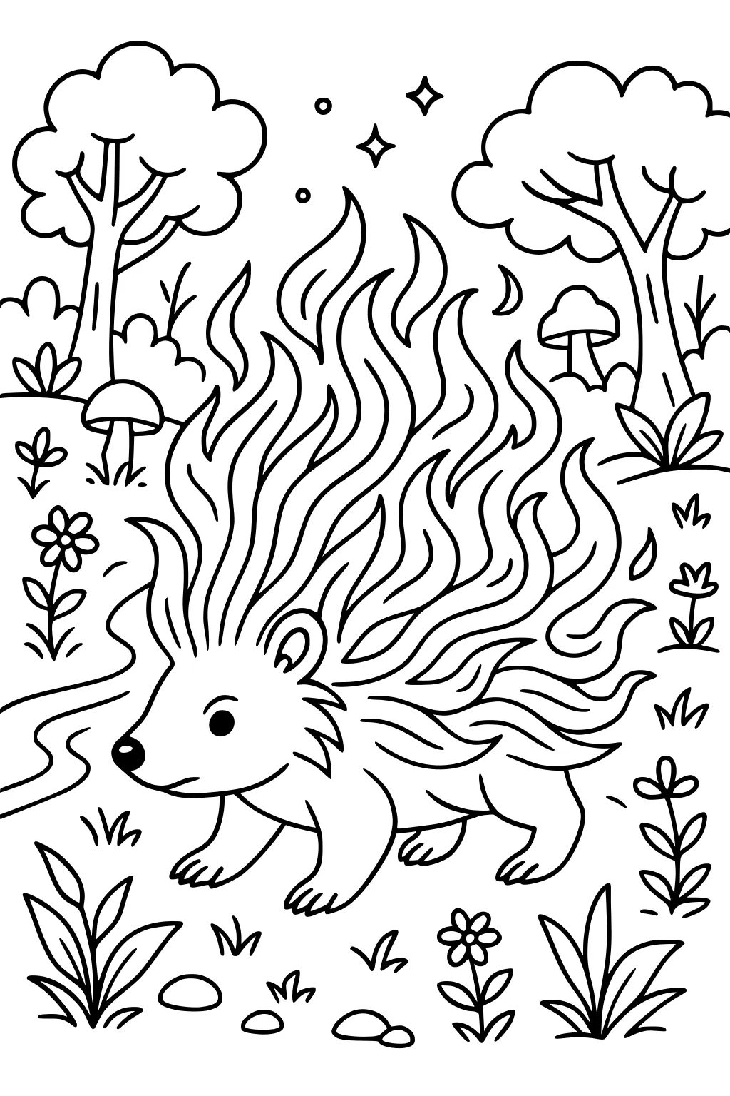 Porcupine with long wavy quills walking in a forest, surrounded by flowers, trees, mushrooms, grass, and stars overhead.