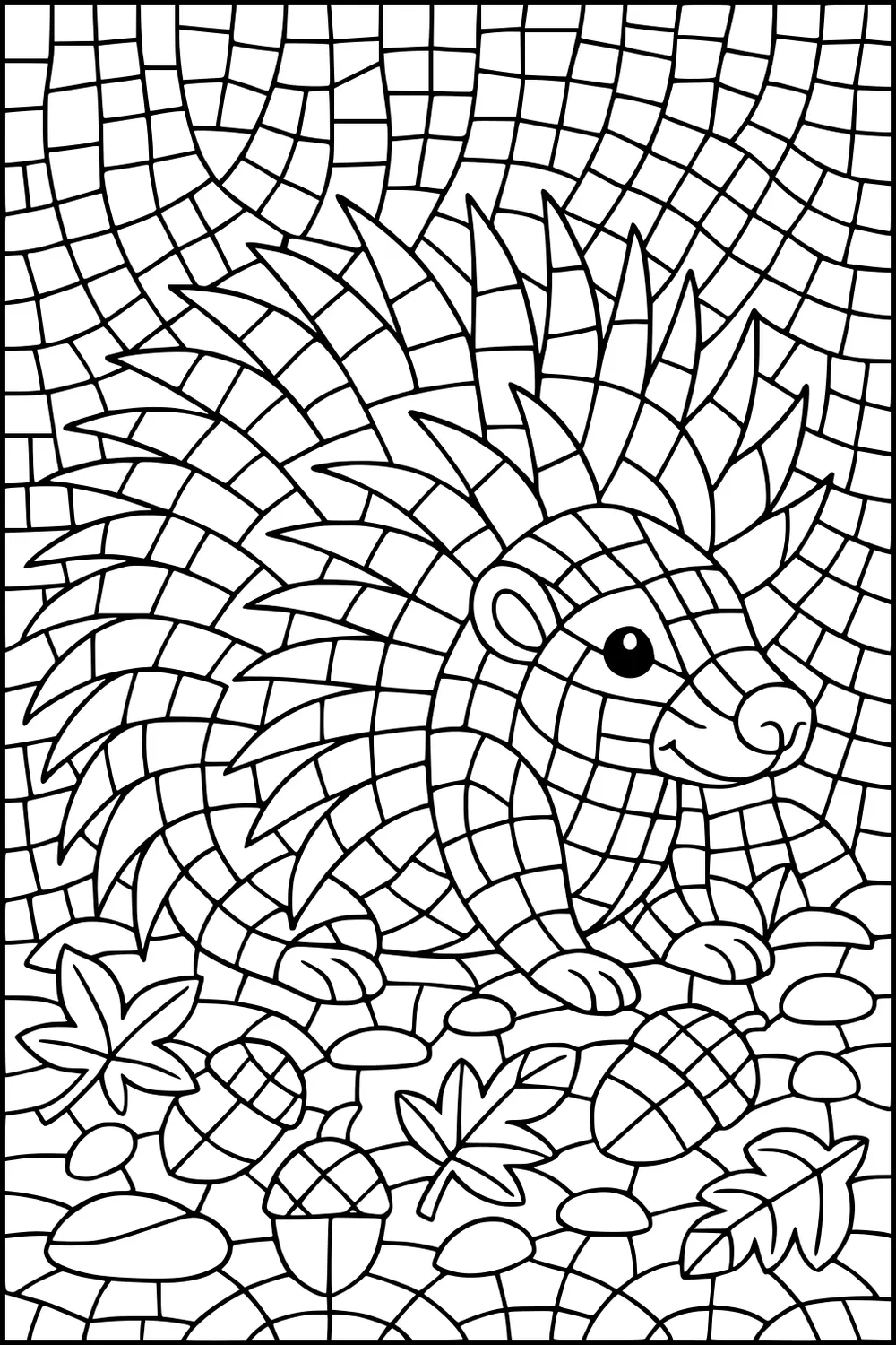 Mosaic-style porcupine with big spines sitting among acorns and leaves on a curvy patterned background.