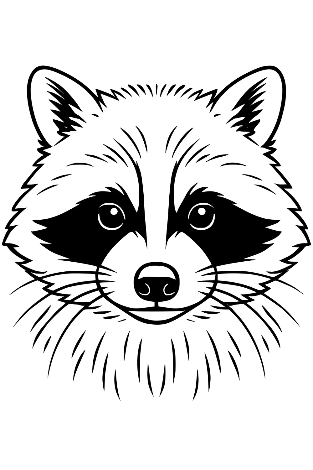 Raccoon face with dark mask, fluffy cheeks, pointed ears, and bright eyes, drawn with bold lines.