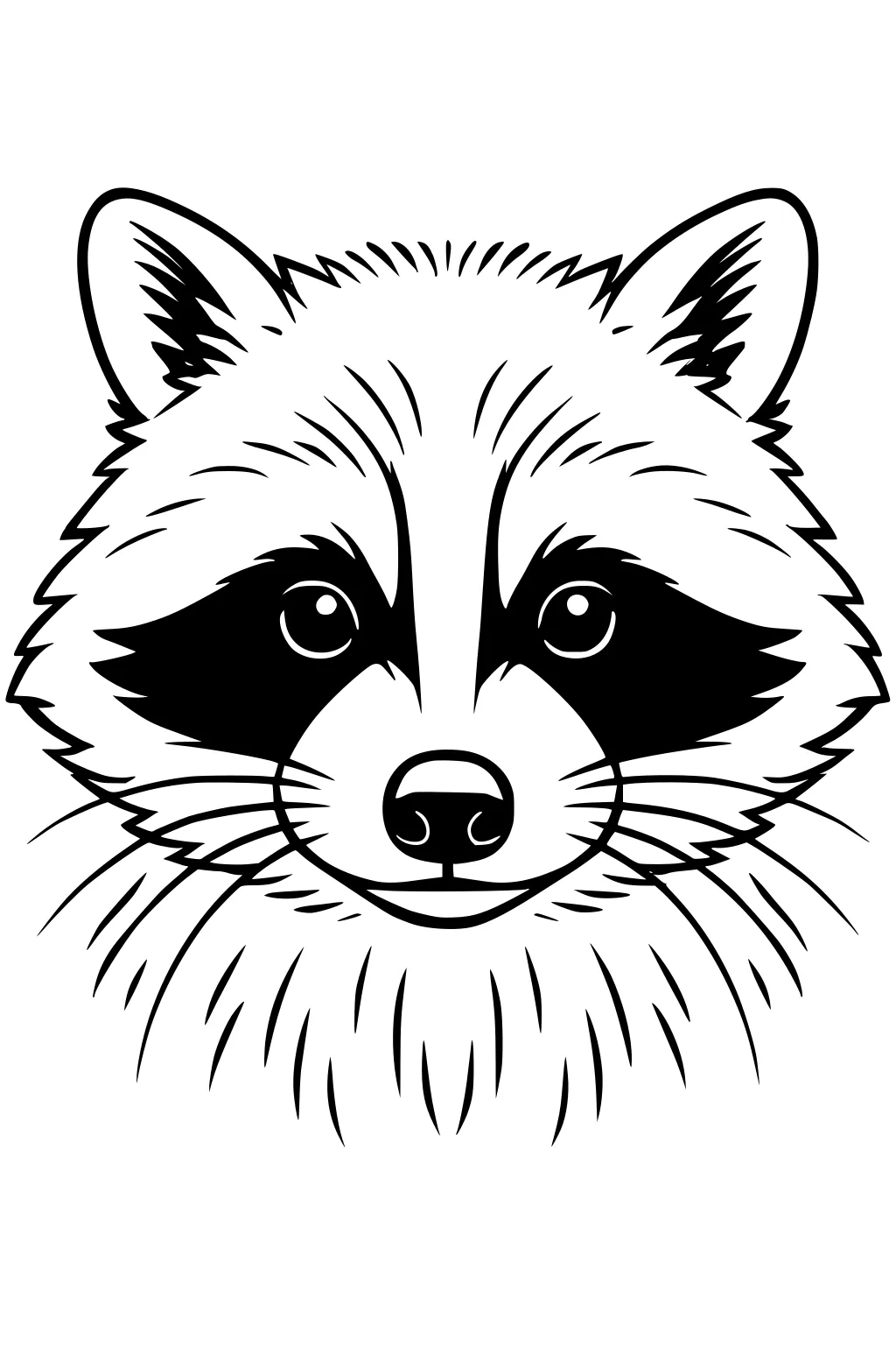 Raccoon face with dark mask, fluffy cheeks, pointed ears, and bright eyes, drawn with bold lines.